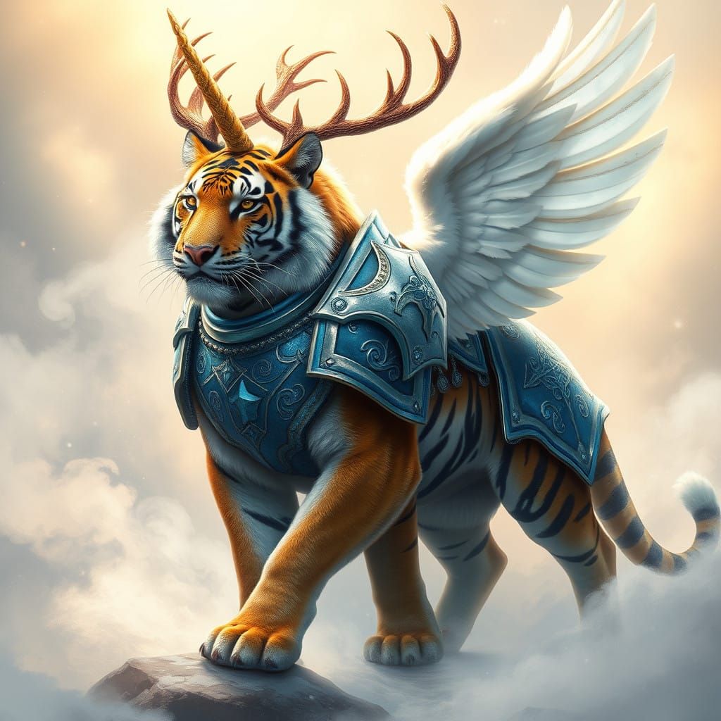 Ethereal Fantasy Tiger with Golden Unicorn Horn and Icy Blue...
