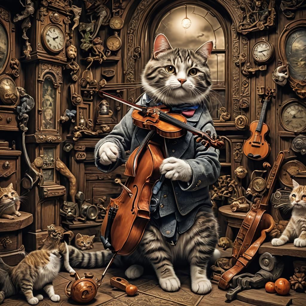 Fiddling Cat in Moonlit Landscape, Hyperrealistic Oil Painti...