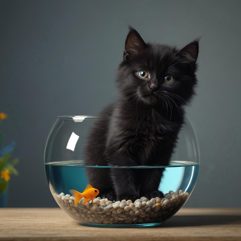 Captivating Black Kitten Contemplates Fish in a Vast Aquariu...
