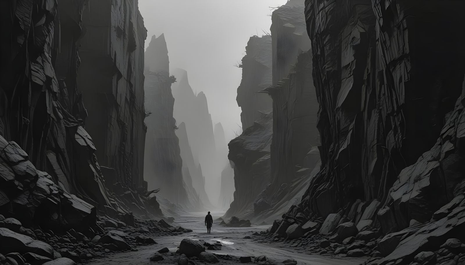 Man Lost in the Depths of a Mystical Canyon in a Hyperdetail...