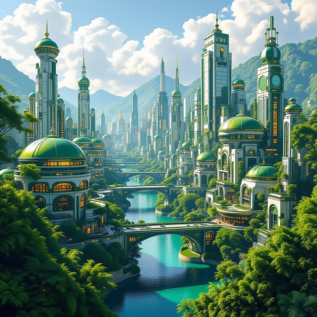 Lush Solarpunk Metropolis in Detailed Matte Painting