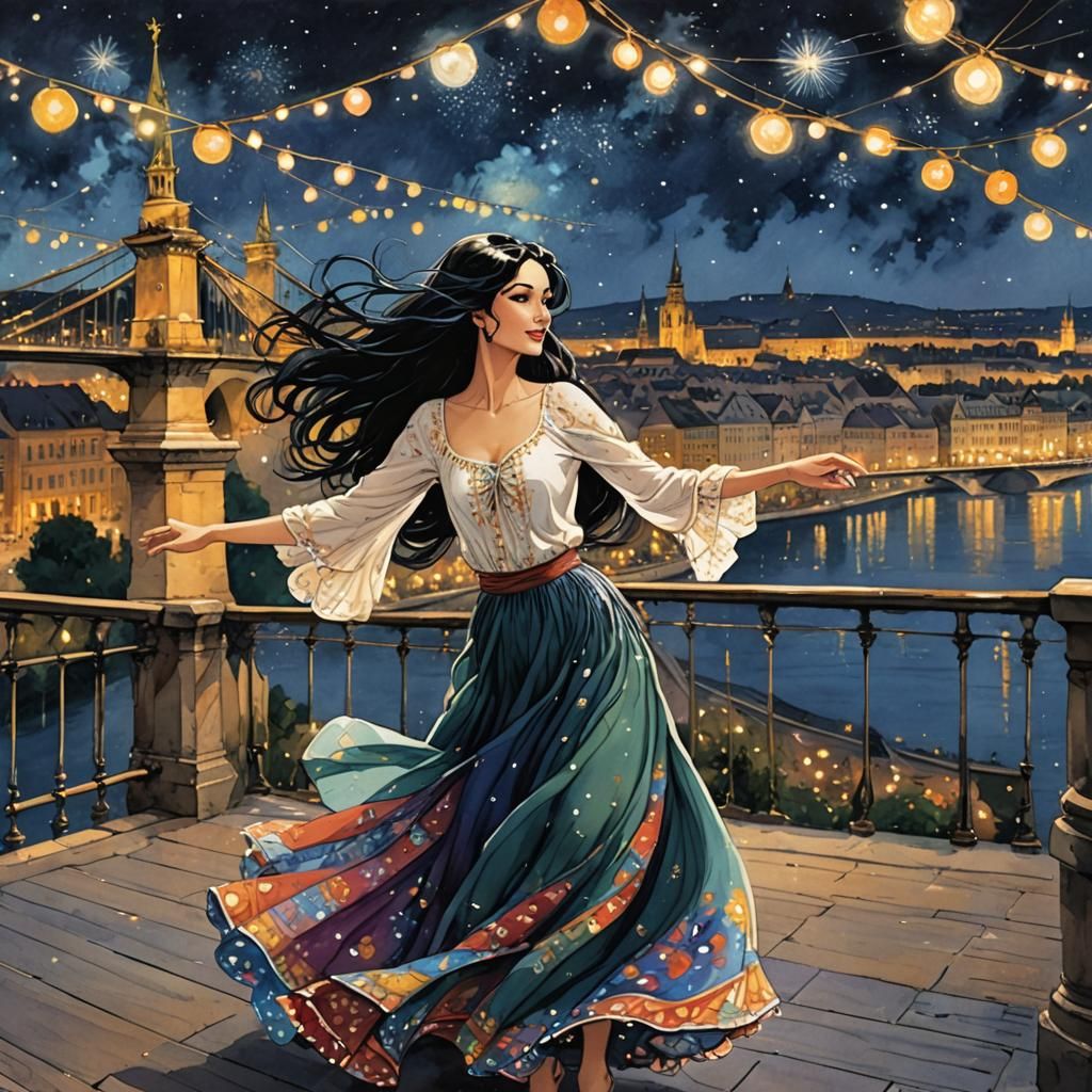 Enchanting Bohemian Dancer Over Budapest Bridge at Night