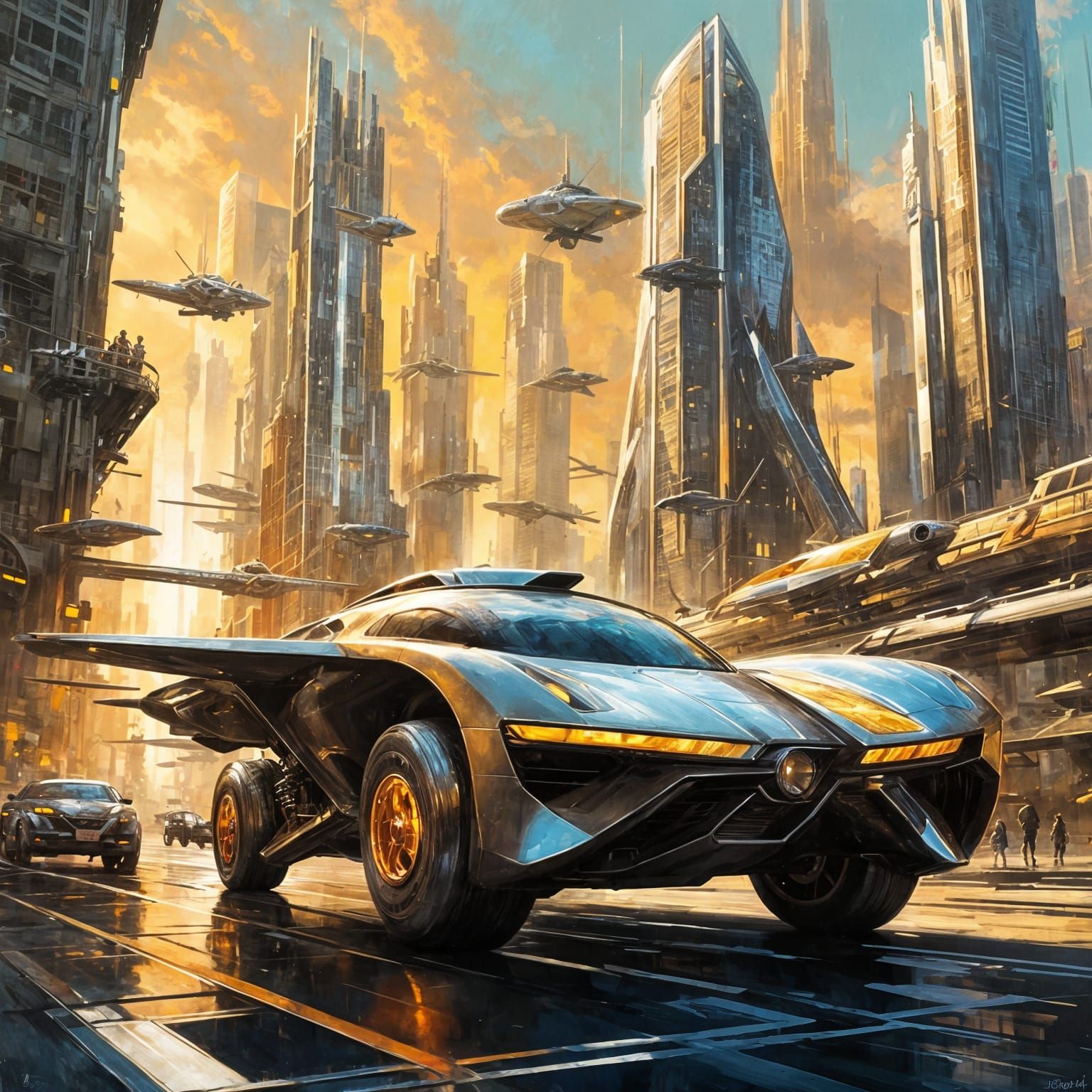 Towering cities with flying cars, chrome skyscrapers and mid...