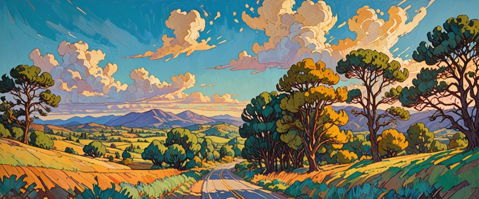 Gouache Highway Landscape in Vibrant Brushstrokes