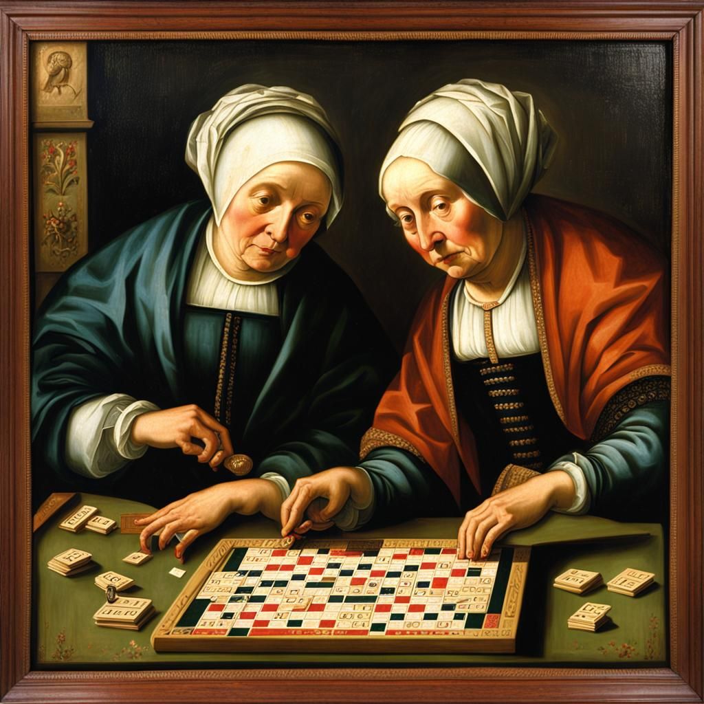 Two Women Engage in Vintage Scrabble Game in 16th Century St...