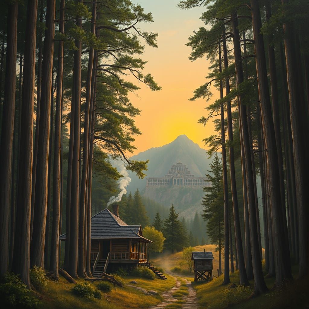 Towering Trees of a Serene Sunset Forest in a Cyberpunk Styl...