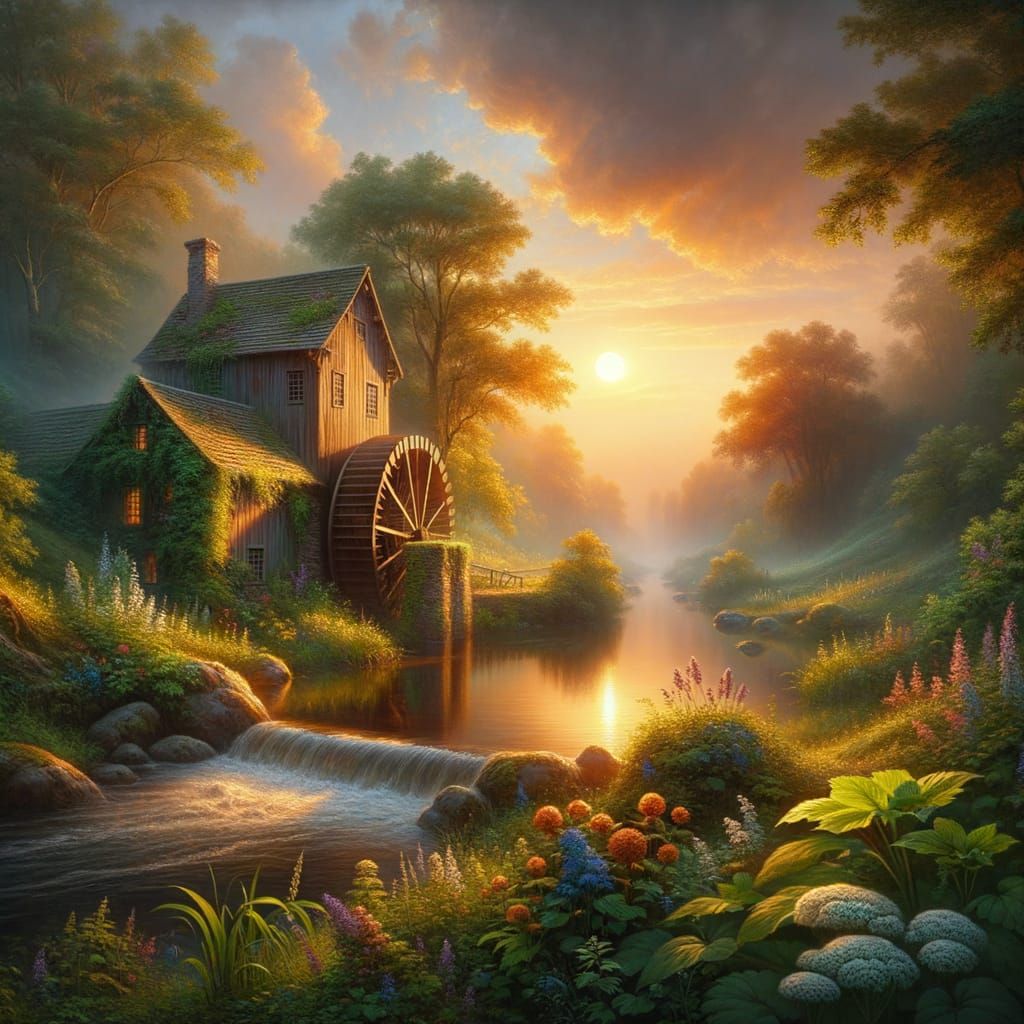 Golden Hour Watermill in Romantic Landscape Style