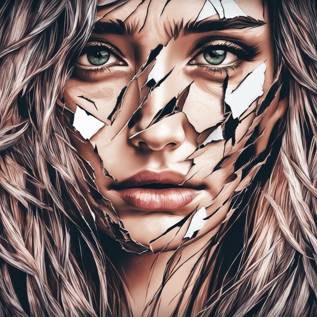 Torn Woman's Face of Despair and Sadness