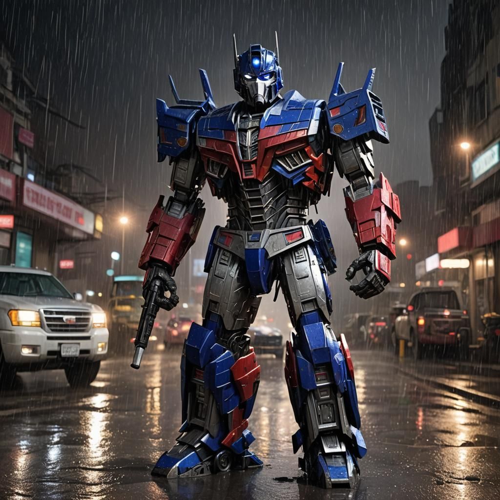 Majestic Photo Realistic Optimus Prime Stands Ready in Rainy...