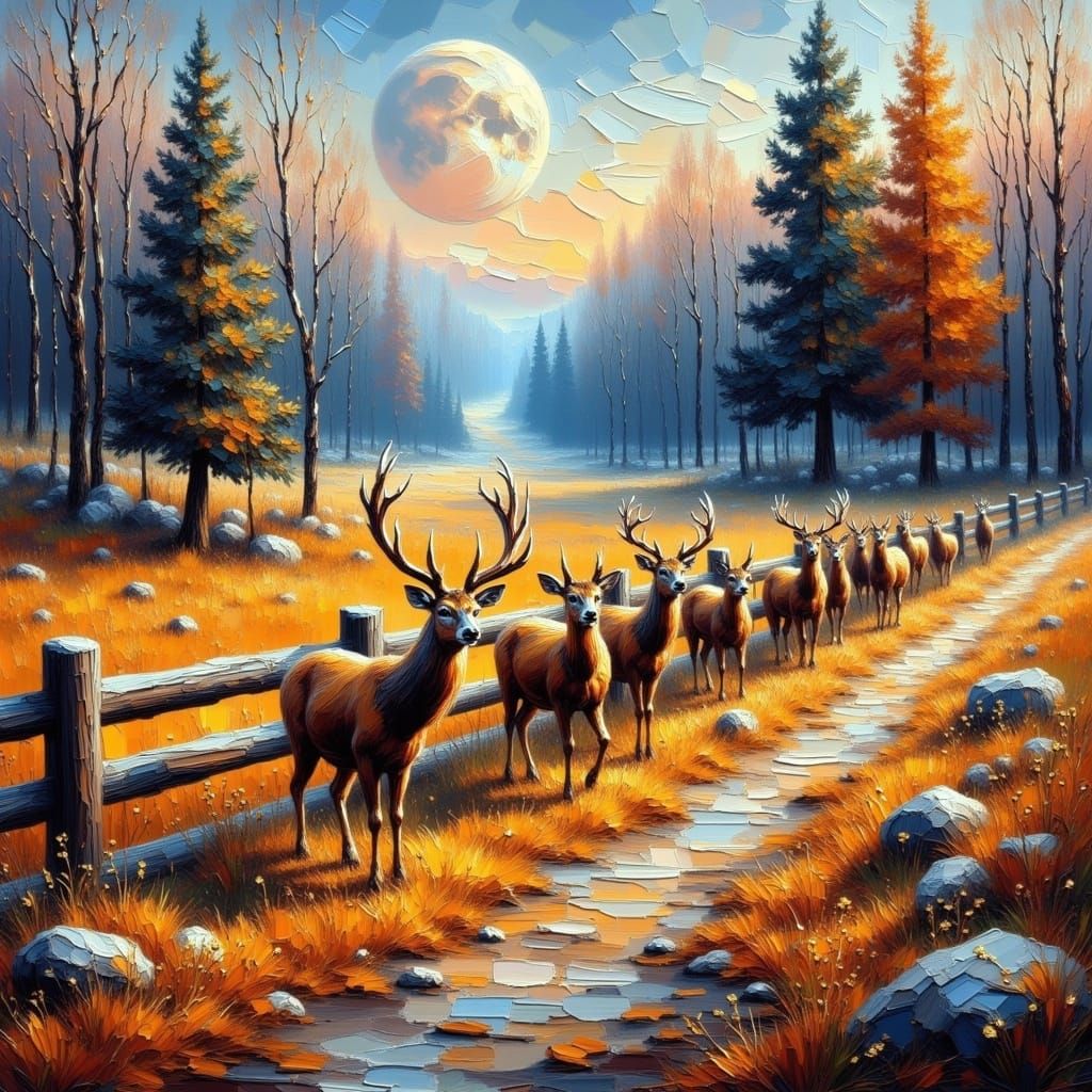 Deer Herd in Autumn Twilight: Impasto Style