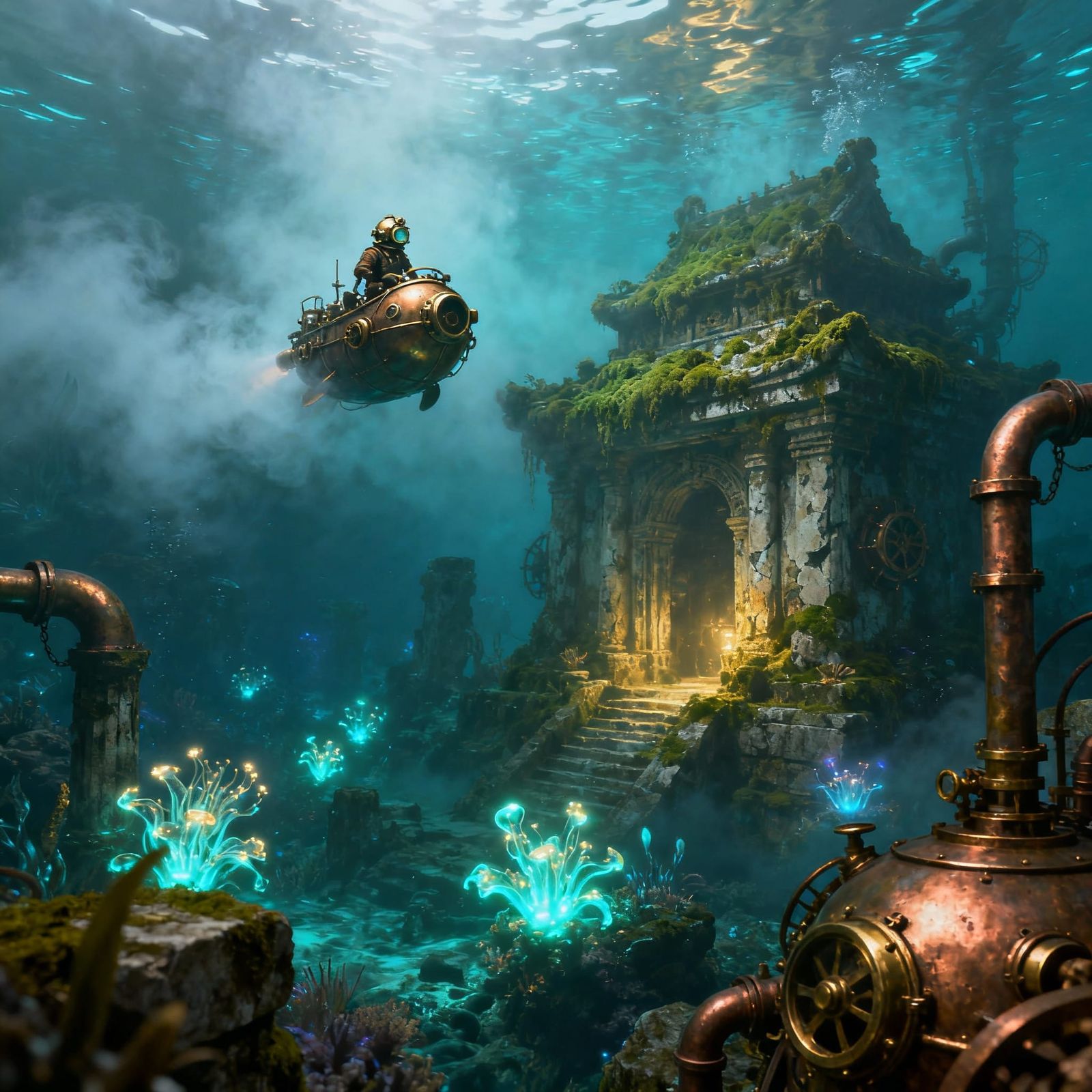 Steampunk Explorer Navigates Foggy Alien Ocean Temple