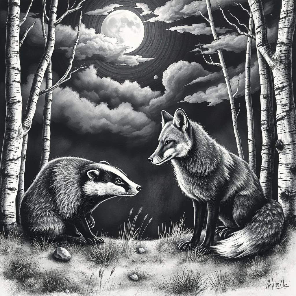 Badger and Fox Meeting in Charcoal Style