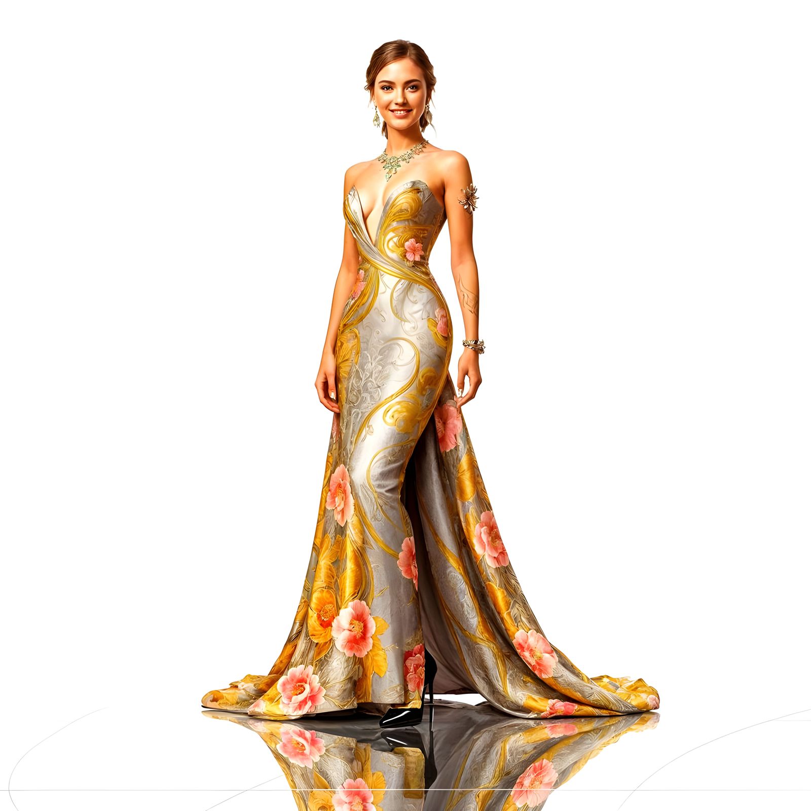 Stunning Digital Portrait of Woman in High-Gloss Evening Att...