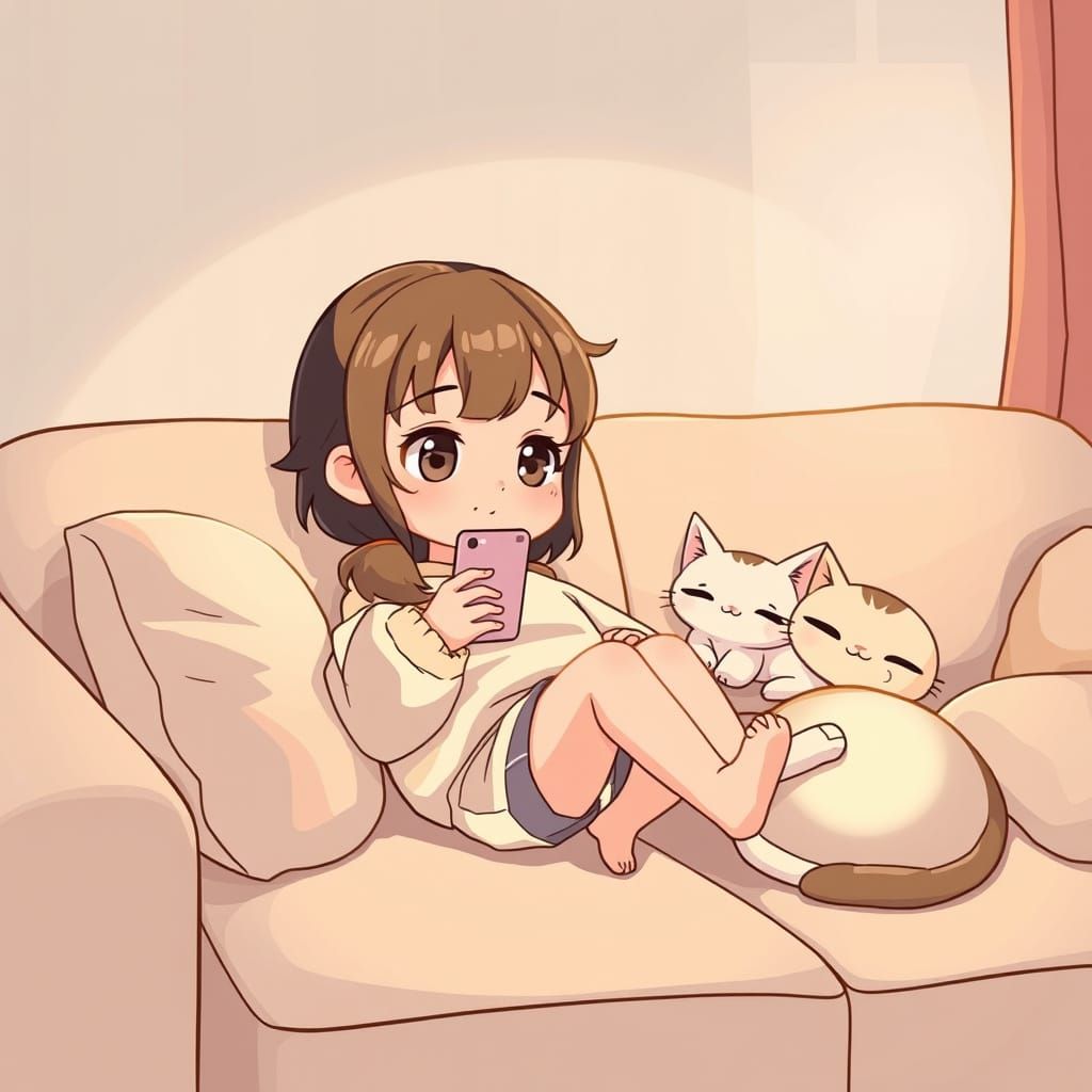 Chibi Girl's Cozy Indoor Scene in Anime Style