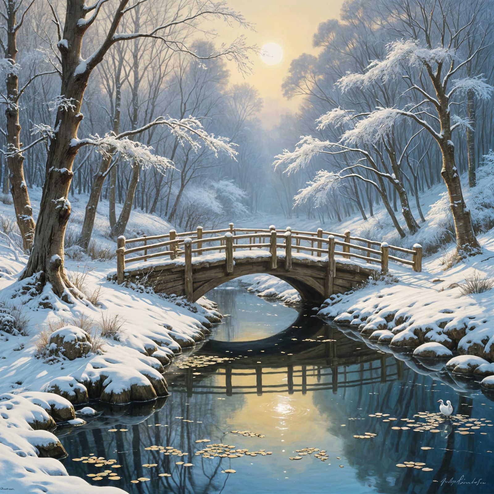 Winter Enchanted River Landscape with Woodland and Waterfowl