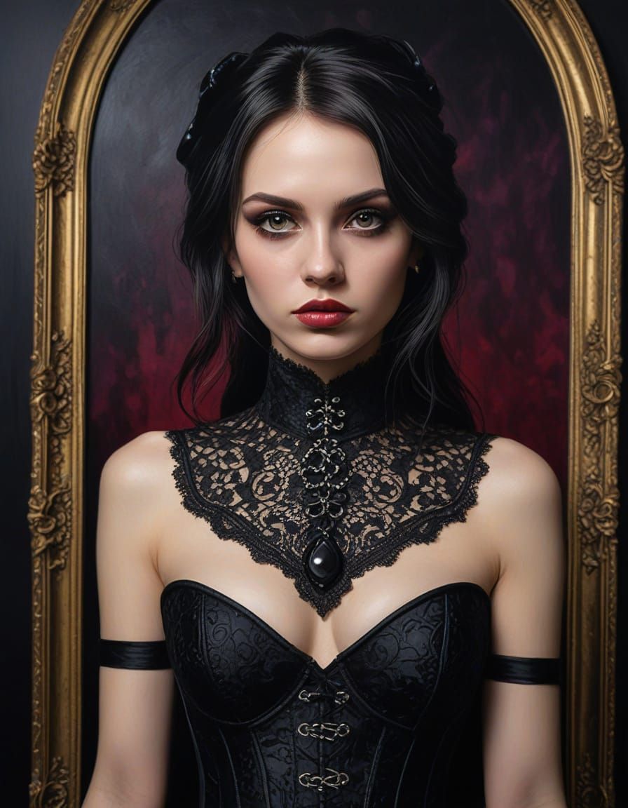 Gothic Artist in Corset, Dramatic Acrylic Painting
