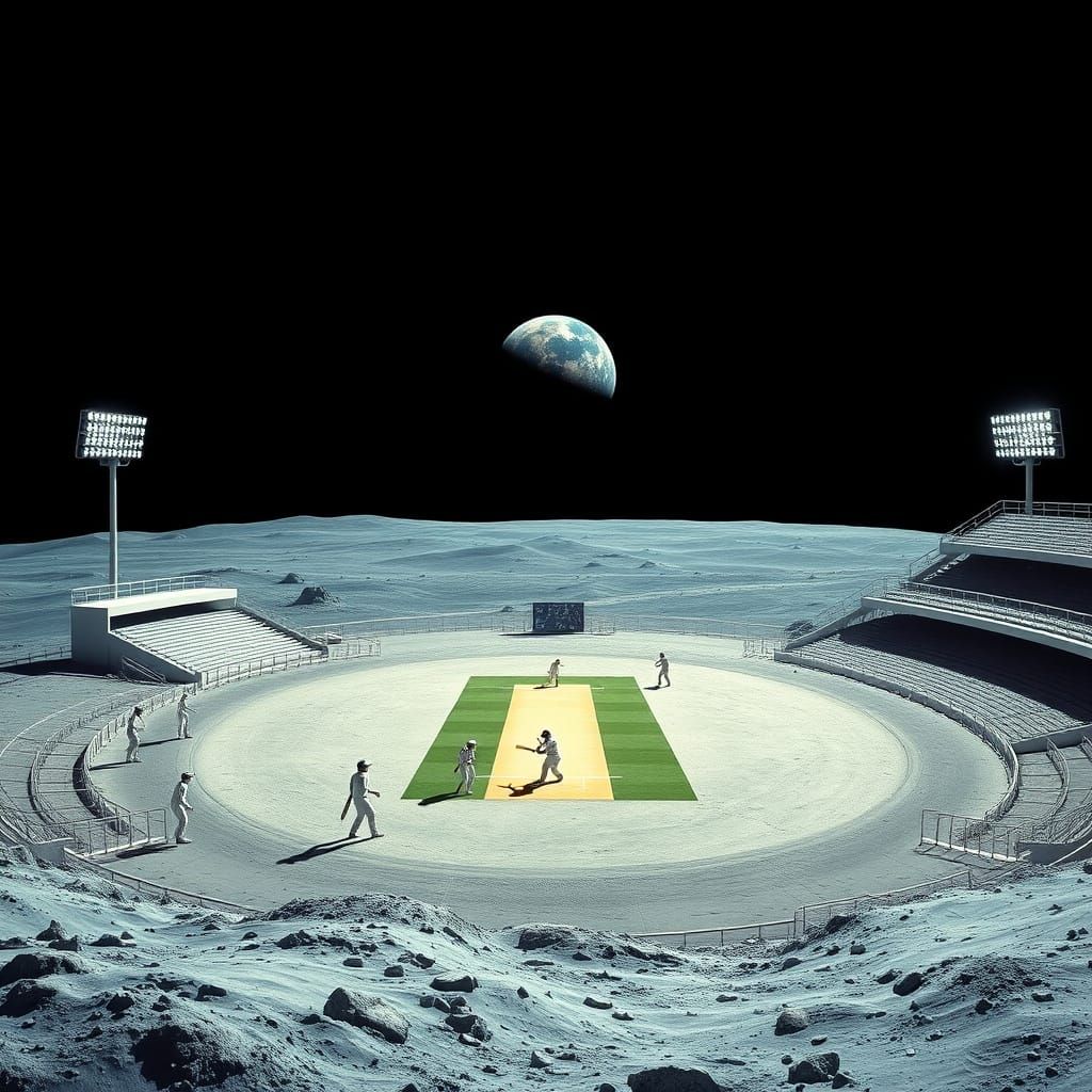 Lunar Cricket Stadium Under Low Gravity