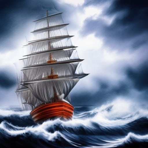 Sailing Ship Endures Turbulent Seas in Hyperrealistic Style