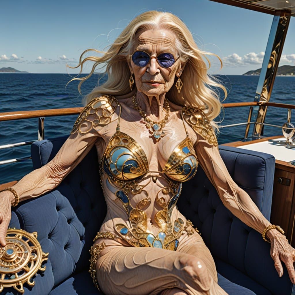 Elderly Figure in Gold Bikini on Yacht, Fractal Art