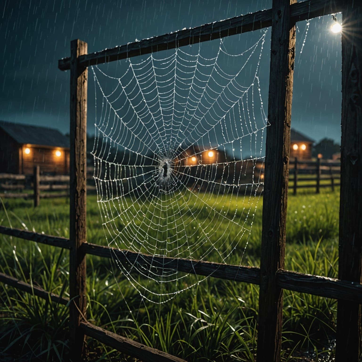 Wet Spider Web on Wooden Fence at Night