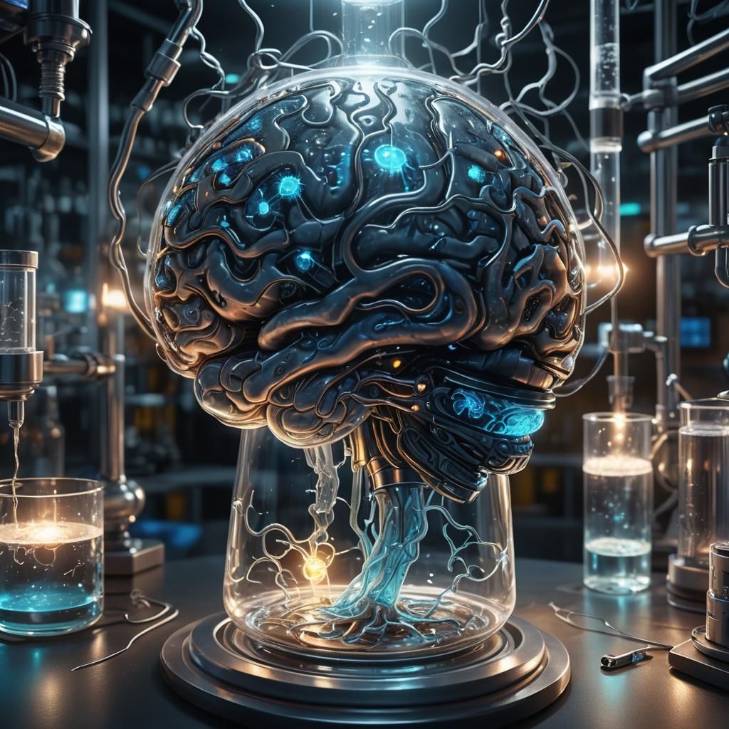 Hyper-Realistic Dark Fantasy Brain in a Beaker Sci-Fi Art