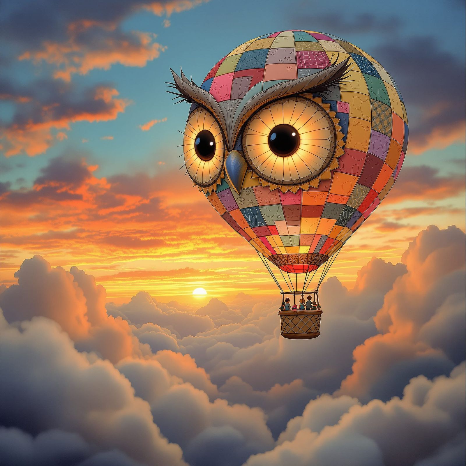 Cute Owl Hot Air Balloon at Dreamy Sunset