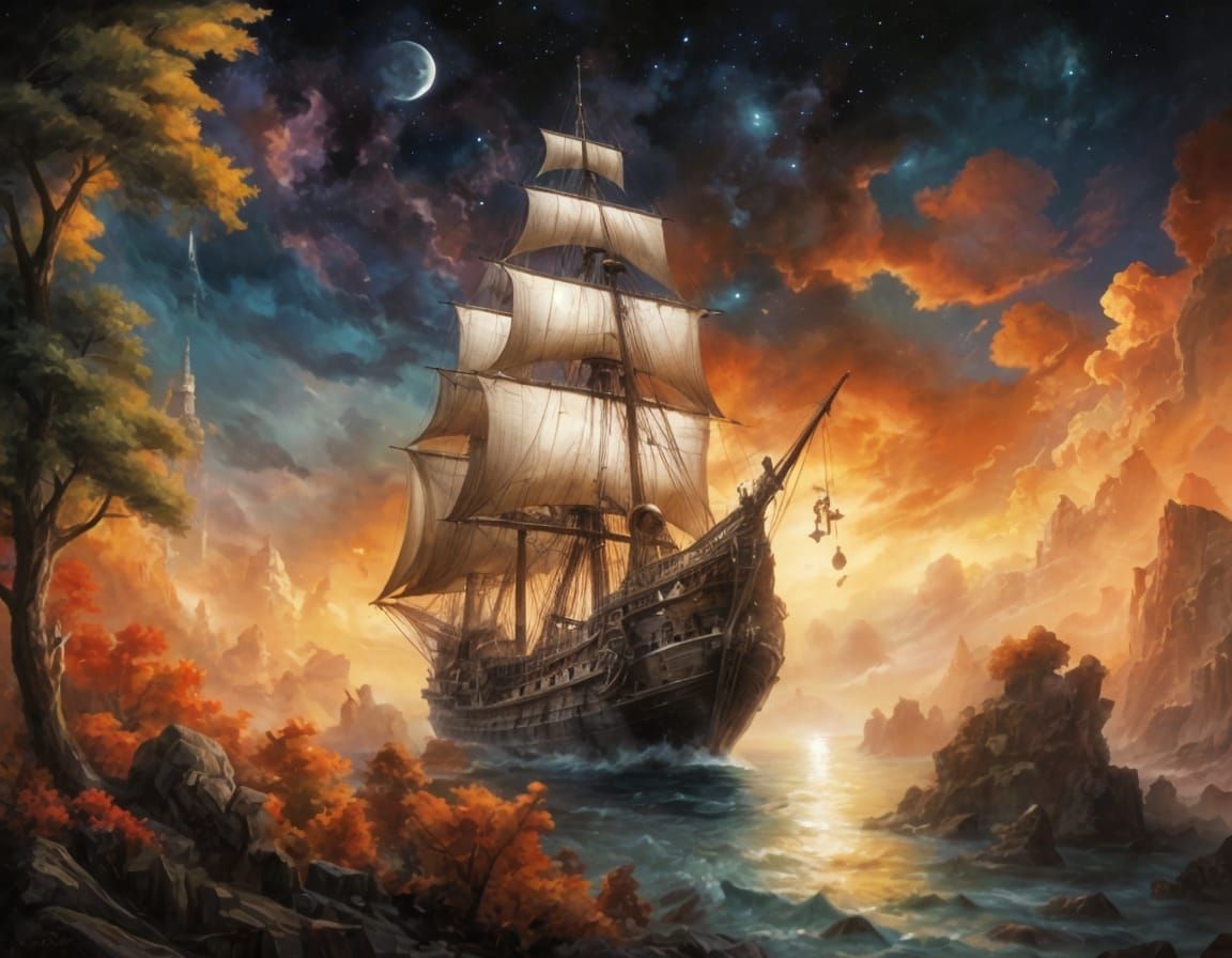 Galleon Sails Through Nebula in Ethereal Fantasy Art