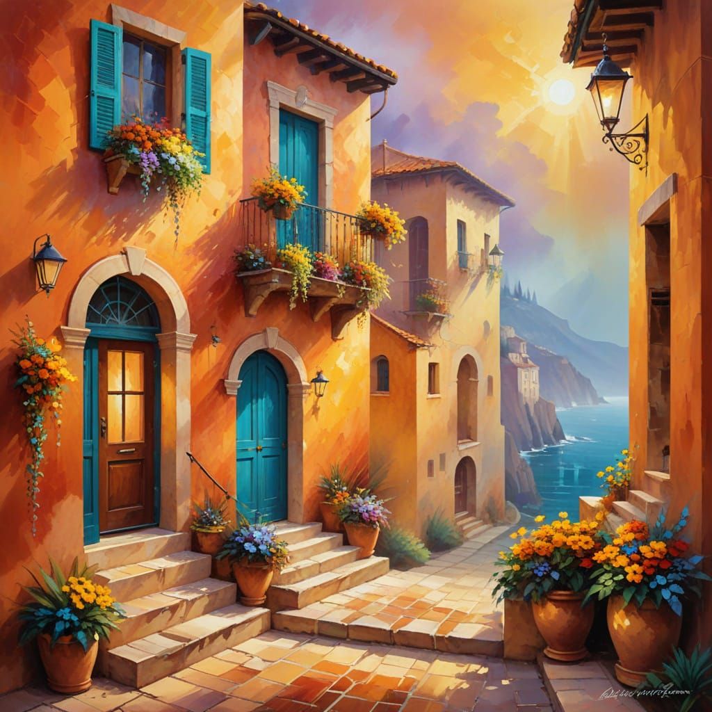 Vibrant Mediterranean Village in Impressionist Oil Painting
