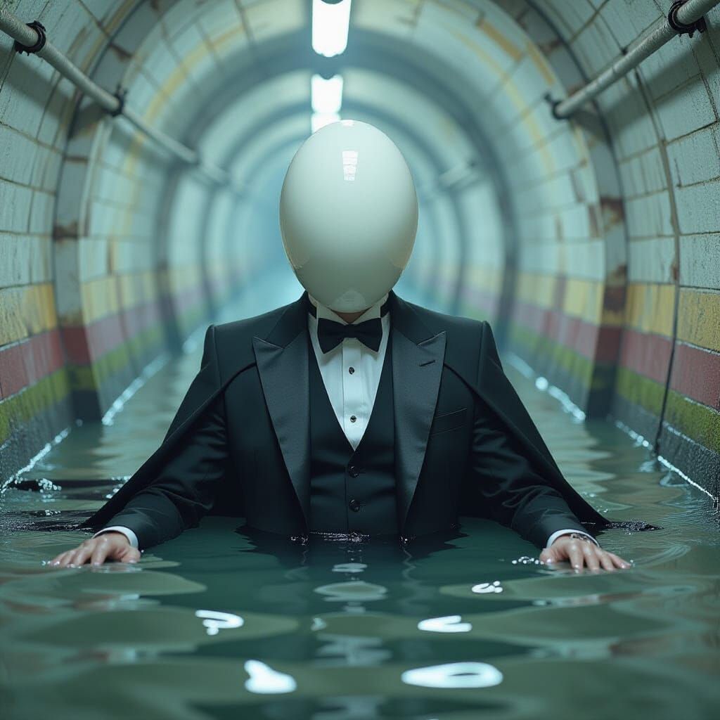 Egg-Headed Man Drowning in Sewer, Dark Noir Style