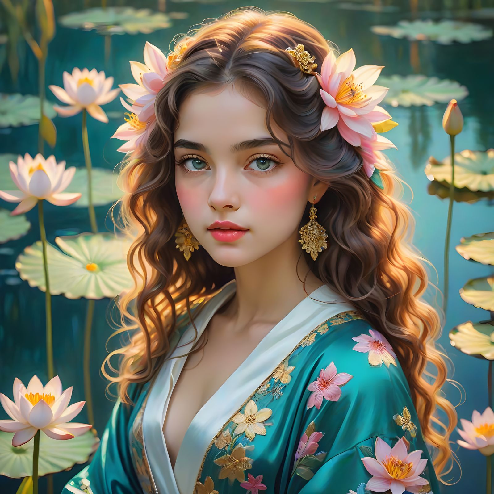 Beautiful Woman with Flowers in Hair by Night Pond