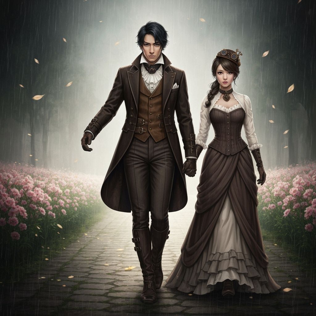 Steampunk Couple Stroll Through Rainy Flower Garden