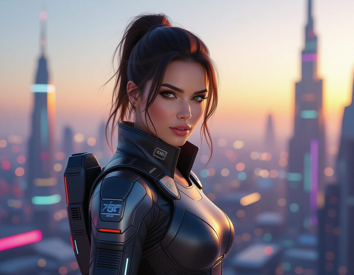 Futuristic Woman in Cityscape 2525: Hyperrealistic Concept A...