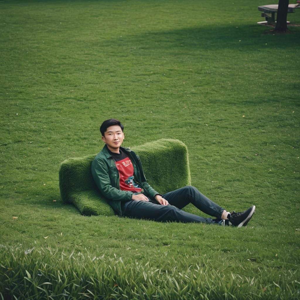 Woman at Leisure on a Vibrant Green Lawn Furniture in the Ci...