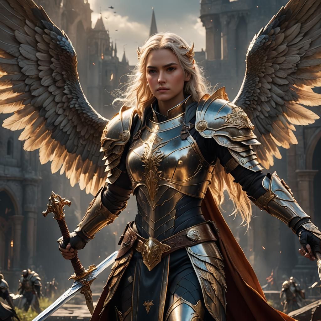 Hyperrealistic Female Aasimar Paladin Warrior with Wings in....
