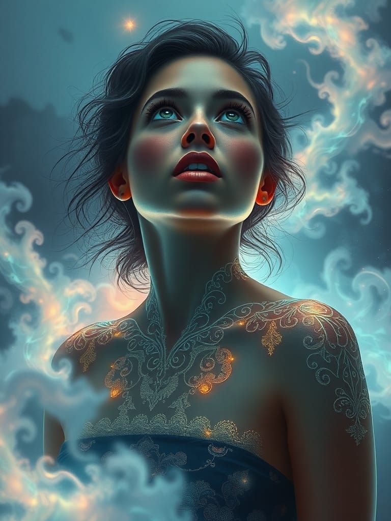 Woman Lost in Vibrant Dreamworld with Iridescent Mist and Gl...