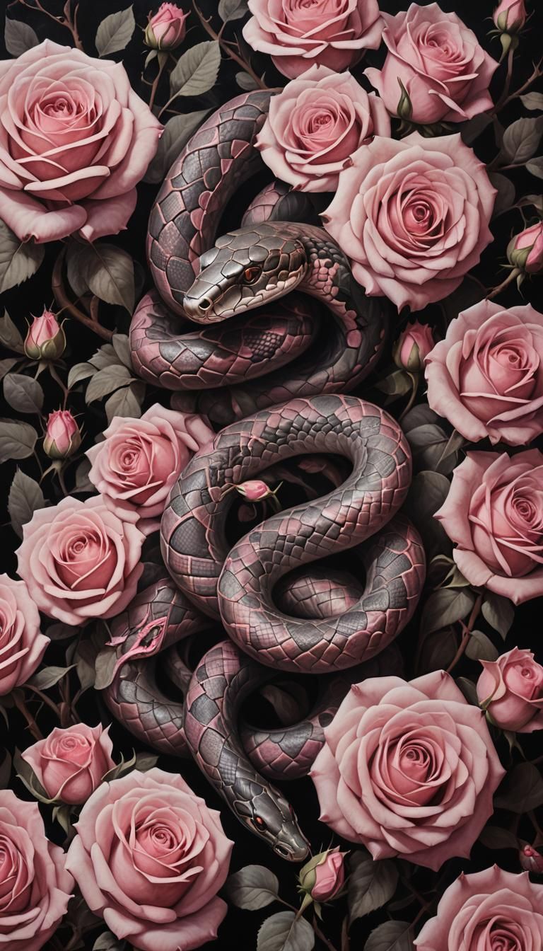 Ethereal Horror Scene: Pink Snake Among Muted Roses