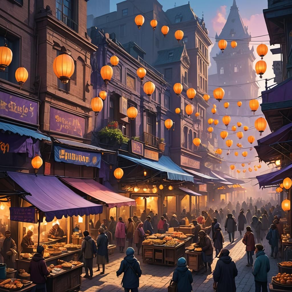 Vibrant Fantasy Market Scene with Exotic Street Foods