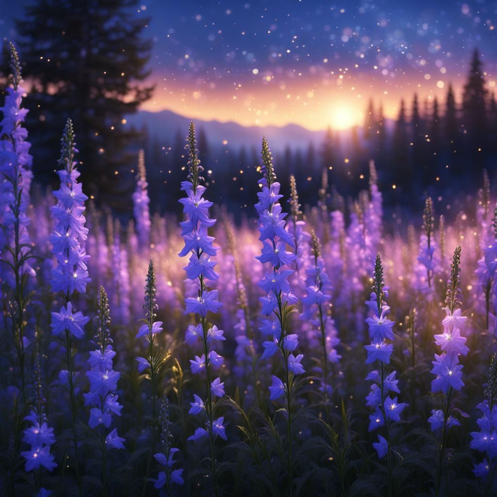 Sparkling Larkspur Field in Dreamlike Detail