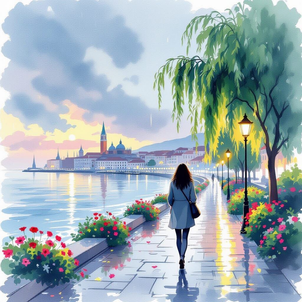 Woman Walks on Embankment in Watercolor Style