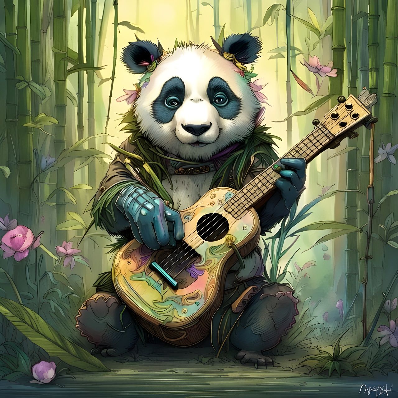 Whimsical Electric Ukulele in a Lush Bamboo Forest