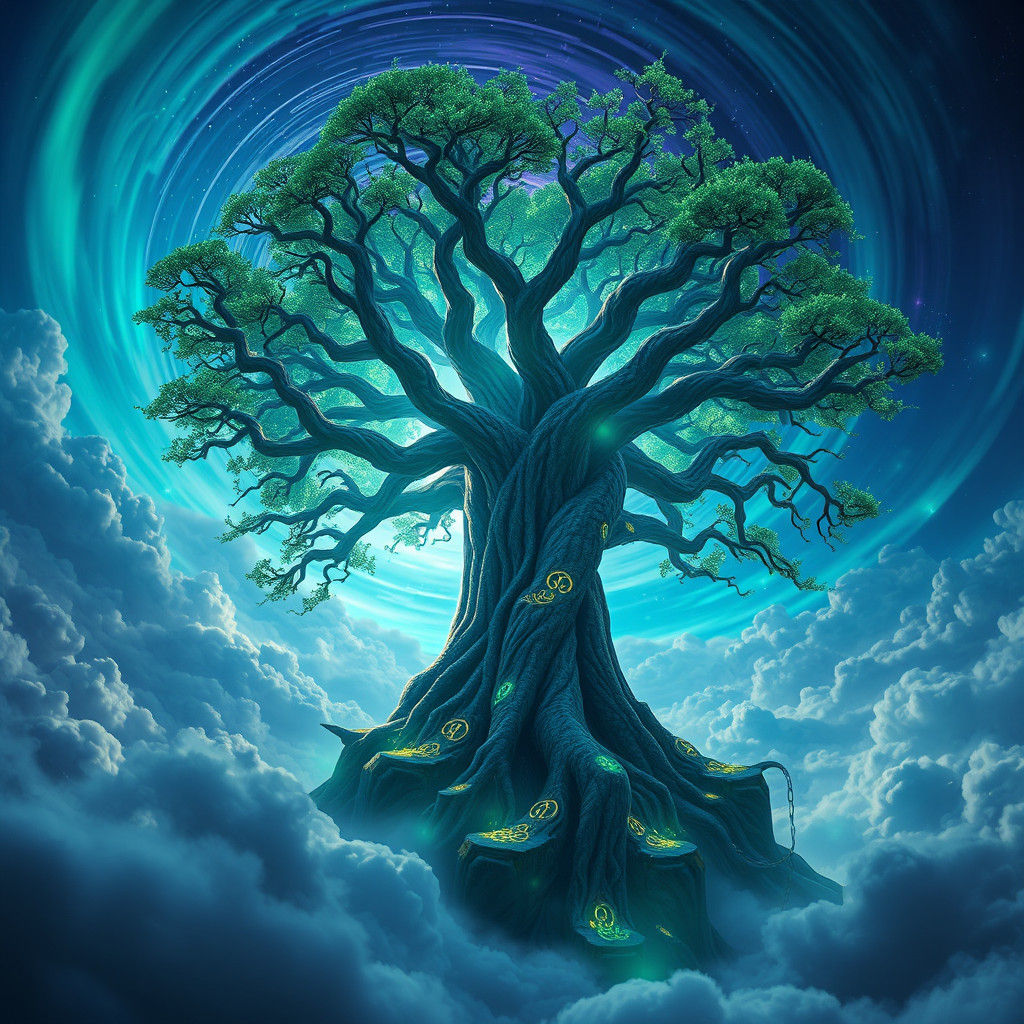 Ethereal Iggdrasil World Tree Ascends Celestial Vortex