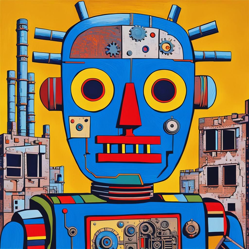 Retro-Futuristic Cyborg Robot in Vibrant Steampunk Landscape