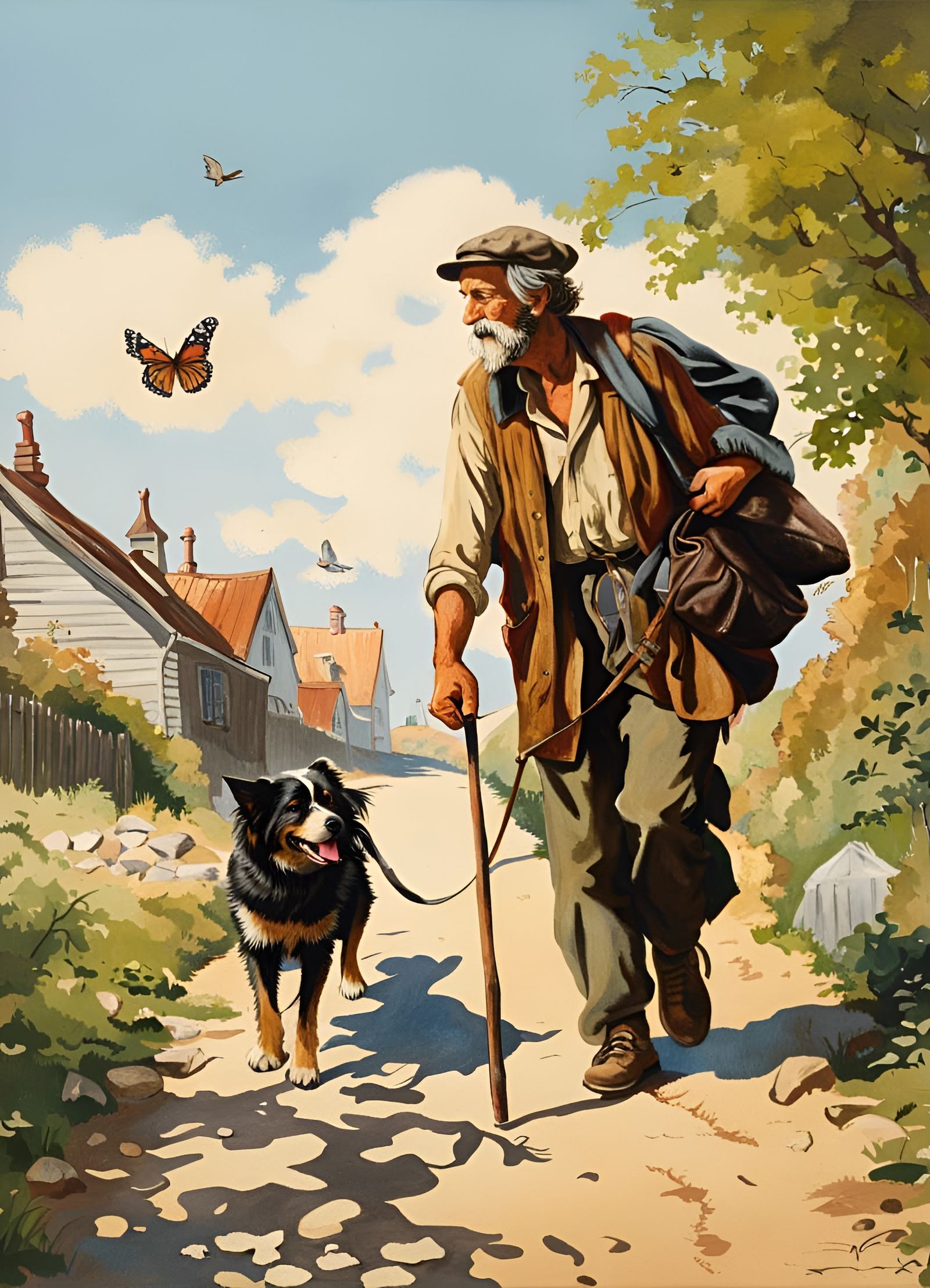 Rural Village Scene with Happy Hobo and Faithful Dog