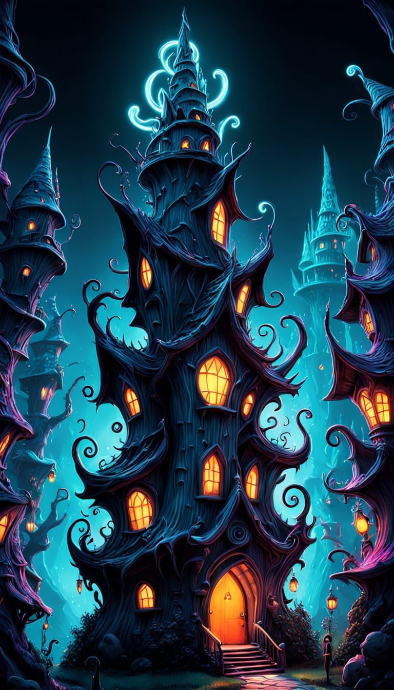 Whimsical Wizard's Tower in Vibrant, Neon-Lit Fantasy