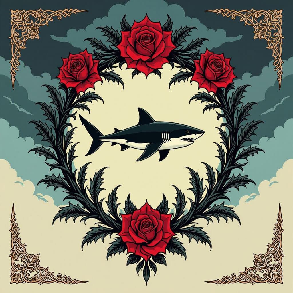 Gothic Family Crest with Shark and Roses