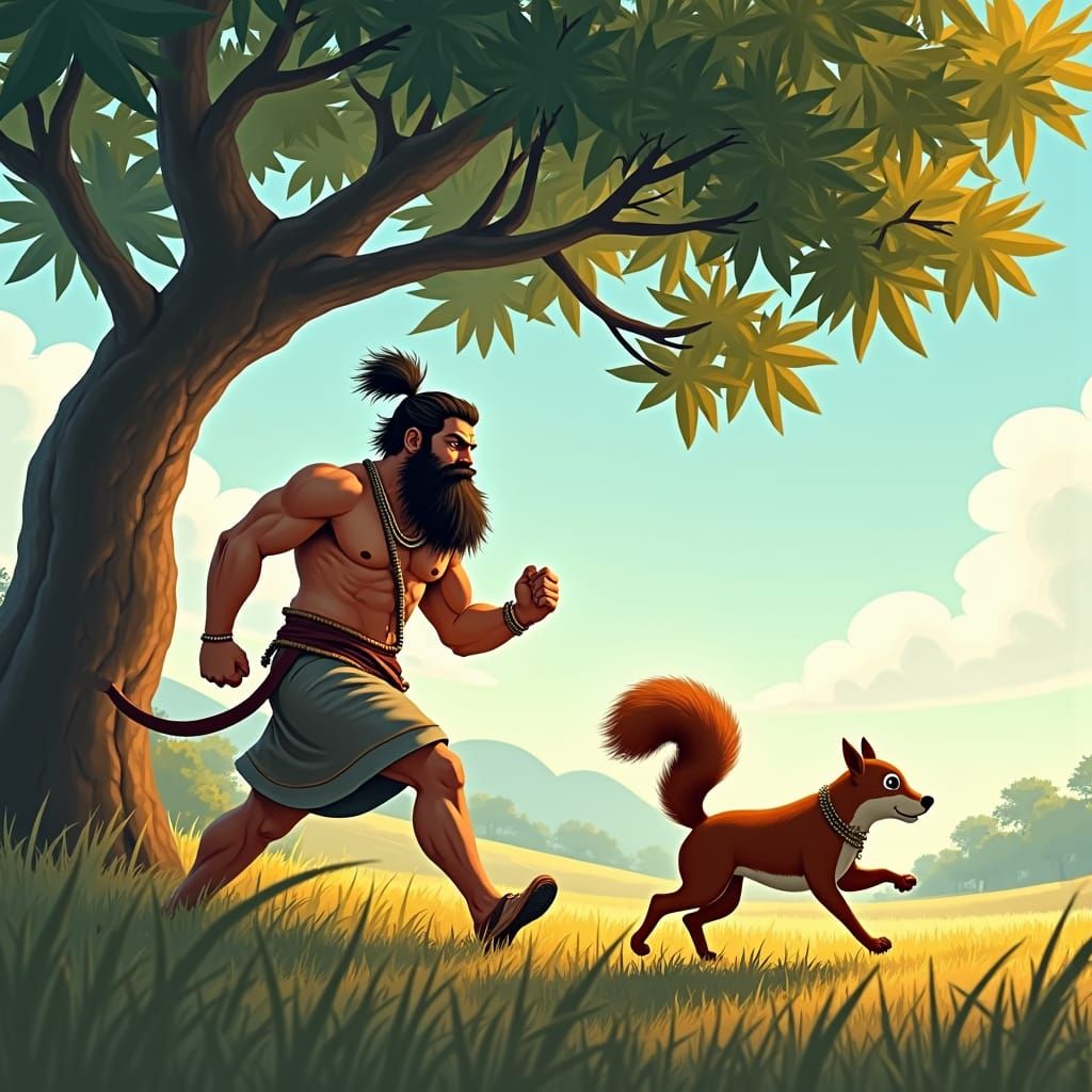 Rugged Hunter Pursues Squirrel with Leaping Dog in Tradition...