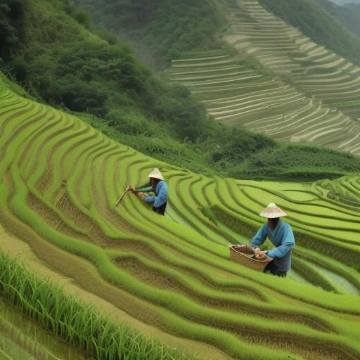 Farmers Labor in China's Hillside Rice Fields
