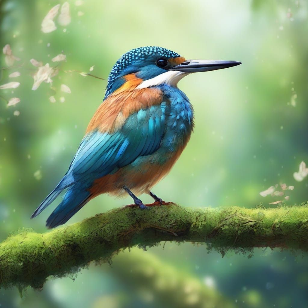 Surreal Kingfisher Perched in Whimsical Forest Scene