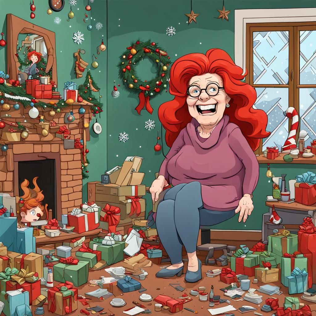 Vintage Christmas Lady Amidst Holiday Chaos