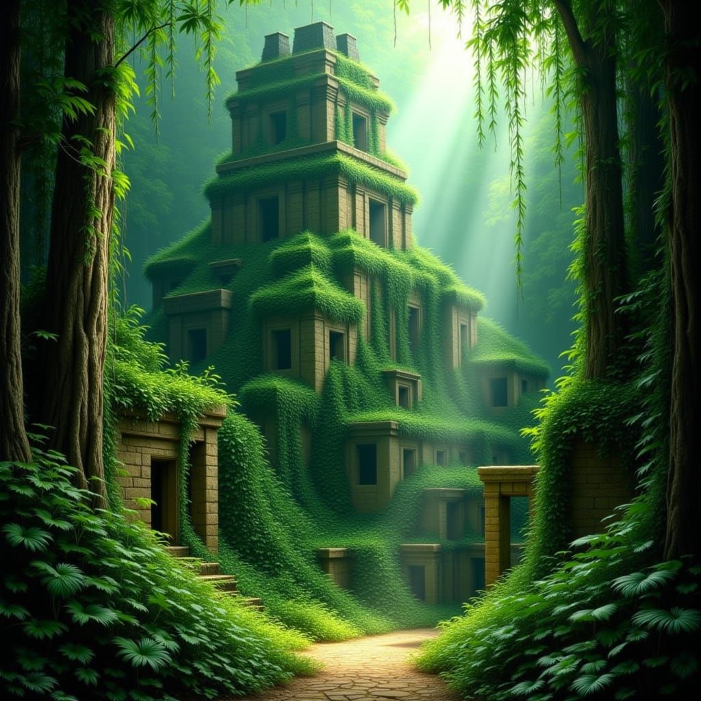 Jungle Pyramid City in Painterly Chiaroscuro Style